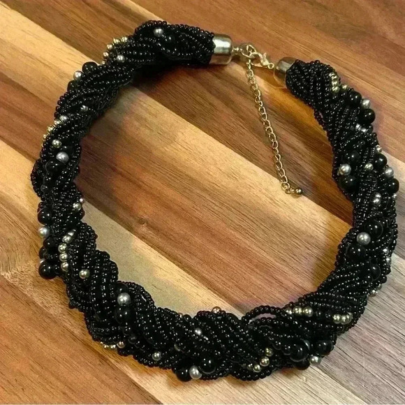Large Braided Black and Gold Beaded Necklace - Picture 1 of 2